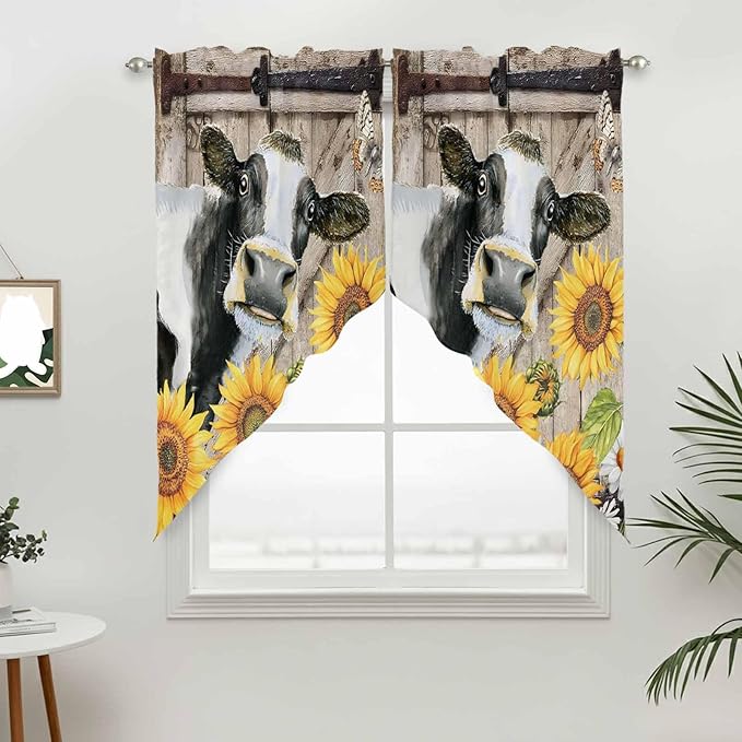 Retro Farmhouse Flower Swag Valances for Windows, Yellow Sunflowers Cow Barn Doors Brown Rod Pocket Kitchen Curtains Valance, Kitchen Window Curtains Swag for Cafe Living Room, 2 Panels, 36x45 inch