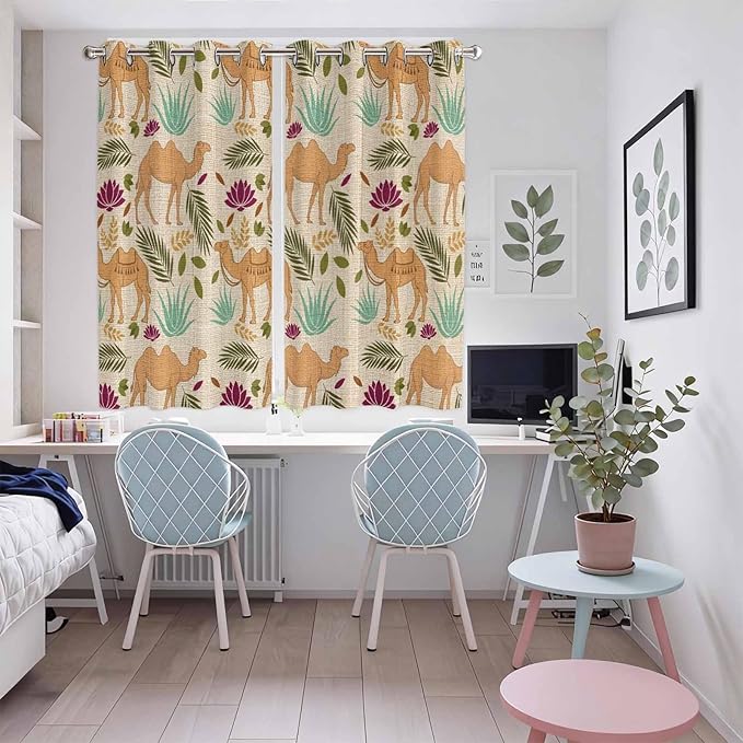 2 Panel Kitchen Cafe Curtains, Desert Camels Sunlight Filtering Nature Air Through, Home Decor Window Covering Tier Curtains for Living Room 104W x 63L inch Vintage Sand Animals Aloe Vera Leaves Beige