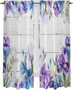 Spring Flowers Kitchen Curtains, Watercolor Garden Florals Wooden Grain Light Filtering Window Curtain Panels, 2Pcs Rod Pocket Window Treatments Set for Living Room Bathroom Bedroom 52x72 Inches