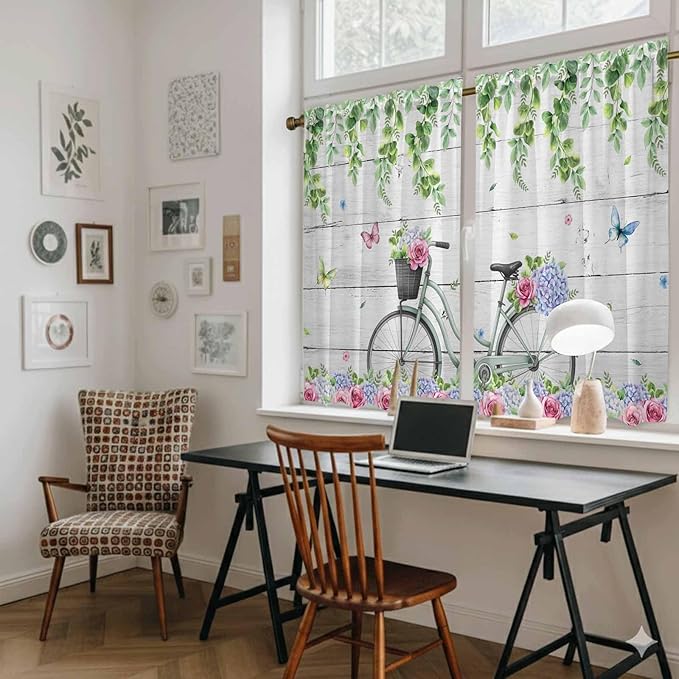 Spring Kitchen Curtains, Bicycles Botanical Rose Leaves Butterfly Wood Grain Light Filtering Window Curtain Panels, 2Pcs Rod Pocket Window Treatments Set for Study Room Bathroom Bedroom 52x54 Inches