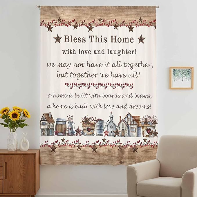 Farmhouse Sheer Curtains 54 Inch Length Country Star Barn Berry Brown Wood Plank Chiffon Curtain for Bedroom Living Room Light Filtering Rod Pocket Window Treatments Voile Curtains Drapes for Kitchen
