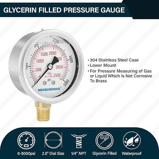 MEASUREMAN 2-1/2inch Dial Size, Liquid Filled Hydraulic Pressure Gauge, 0-5000psi/kpa, 304 Stainless Steel Case, 1/4inchNPT Lower Mount