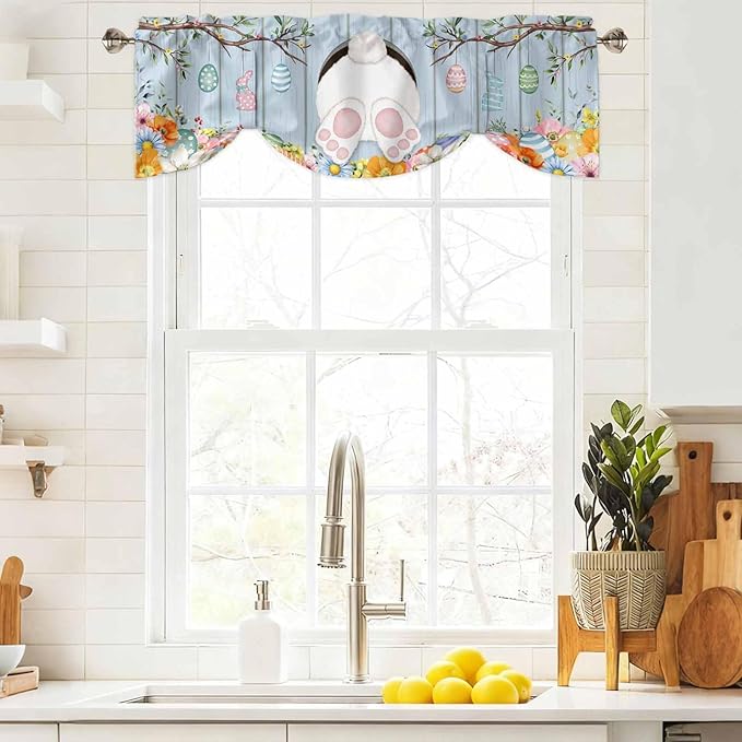 Easter Tie Up Valance Curtains for Windows, Kitchen Curtains Window Shades, Spring Watercolor Bunny Eggs Flower Wood Grain Blue Light Filtering Roman Curtain Valances for Bedroom/Bathroom/Cafe 42"x18"