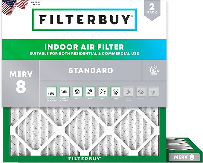 Filterbuy 17x17x1 Air Filter MERV 8 Essential Dust & Allergy Defense (2-Pack), Electrostatic Pleated HVAC AC Furnace Filters Replacement, Made in USA (Actual Size: 17.00 x 17.00 x 0.75)