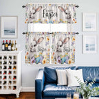 Happy Easter Kitchen Curtains Set 3 Piece for Windows,Rod Pocket Valance and Tier Set 36 Inch Length,Spring Grey Bunny Colorful Eggs Flower Beige Light Filtering Cafe Curtains for Living Room