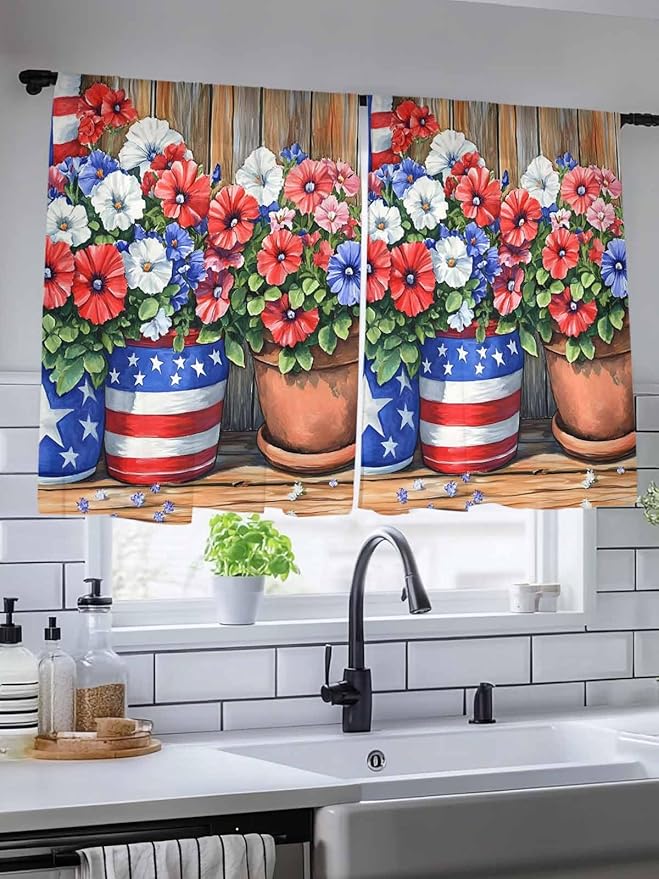 Sheer Curtains 54 Inch Length, Red Blue Flower Semi Sheer Curtains Light Filtering Window Treatment, Retro Independence Day Flag Wood Grain Privacy Voile Drapes for Living Room Bedroom 52x54 Inch