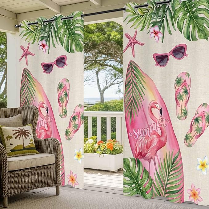 Summer Flamingbirds Outdoor Curtains for Patio Palm Leaves Plumeria Linen Waterproof Outside Curtains with Grommet Top Weatherproof Curtain for Cabana Pergola Gazebo, 1 Panel, 54" W x 108" L