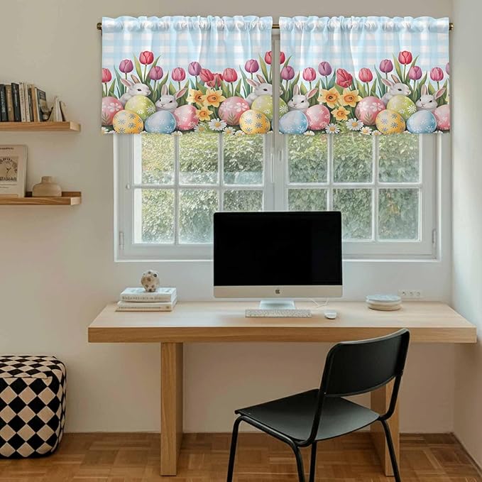 Easter Kitchen Tier Curtains 36 Inch Long 2 Panel Set,Rod Pocket Half Window Curtains Over Sink,Spring Bunny Colorful Eggs Tulip Flowers Blue Check Light Filtering Short Drapes Cafe 27.5"W x 36"L