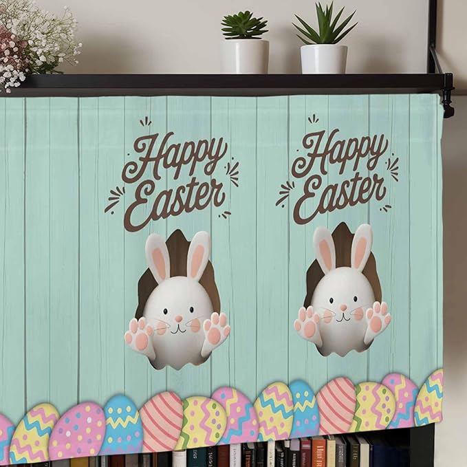 Green Easter Curtain Valances for Windows, Kitchen Valance Window Treatment, Spring Cartoon Bunny Colorful Eggs Wood Grain Light Filtering Block Curtains for Bathroom/Bedroom/Living Room 54'' x 18''