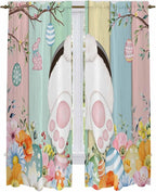Easter Window Curtains 72 Inch Long 2 Panel Set, Rod Pocket Long Curtains & Drapes, Spring Colorful Bunny Eggs Flower Wood Grain Light Filtering Window Treatment for Bedroom Living Room 52"W x 72"L