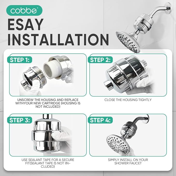 Cobbe High Output Shower Filter for Hard Water - Extra 2 Replaceable Cartridges - Removing Chlorine and Harmful Substance, and Dramatically Improves The Condition of Your Skin, Hair and Nails - Chrome