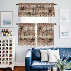 Kitchen Curtains Tiers and Valance Set of 3, Farmhouse Star Brown Light Filtering Window Curtain Set, Retro Branches Berry Wooden Grain Rod Pocket Curtain Drapes for Cafe, Living Room, 24 Inches Tiers