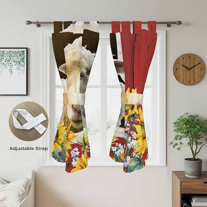 Sheep Flowers Bathroom Curtains 63 Inch Length, Window Curtains Tab Top, Country Red Barn Botanical Sunflowers Light Filtering Window Treatments Drapes 52"x63" 2 Panel