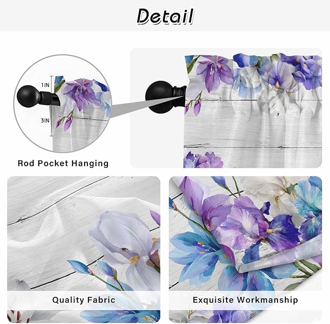 Spring Flowers Kitchen Curtains, Watercolor Garden Florals Wooden Grain Light Filtering Window Curtain Panels, 2Pcs Rod Pocket Window Treatments Set for Living Room Bathroom Bedroom 42x63 Inches