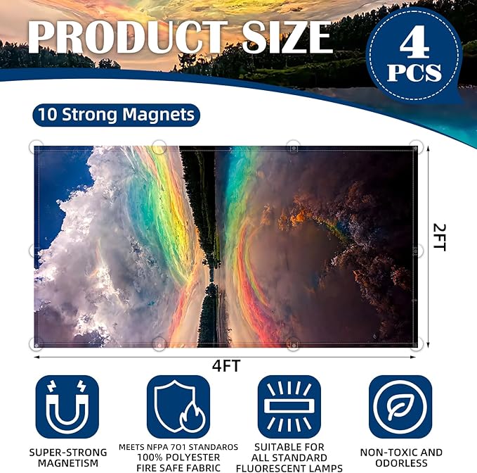 4 Pcs Fluorescent Light Covers - Classroom, Office 4 x 2 Feet Flame Retardant Magnetic Covers for Ceiling Lights Filters (Sunset)