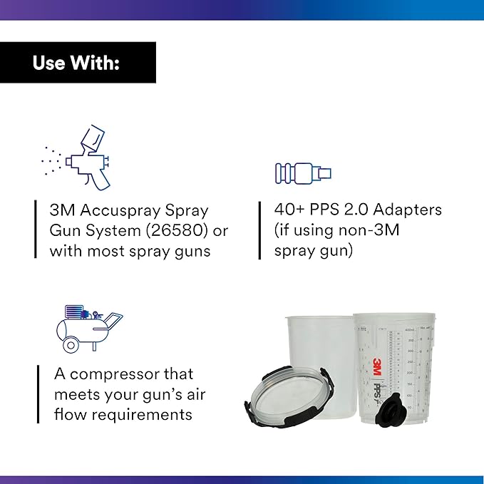 3M PPS 2.0 Spray Gun Cup, Lids and Liners Kit, 26112, Midi, 13.5 Ounces, 200-Micron Filter, Use for Cars, Furniture, House and More, 1 Paint Cup, 50 Disposable Lids and Liners, 32 Sealing Plugs