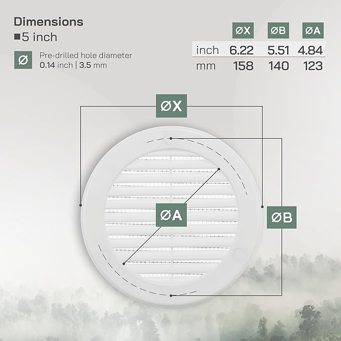 Vent Systems 5" Inch (Opening Dimensions) White Soffit Vent Cover - Plastic Round Air Vent Grille - Built-in Mesh Screen - HVAC Register Louver for Bathroom, Home, Kitchen