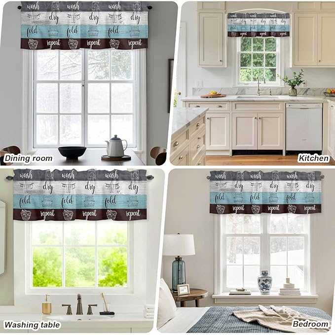 Laundry Rules Valances for Windows, Retro Blue White Wood Board Grain Kitchen Valance Light Filtering Rod Pocket Short Curtains for Kitchen Bathroom, 1 Panel, 54"x18"