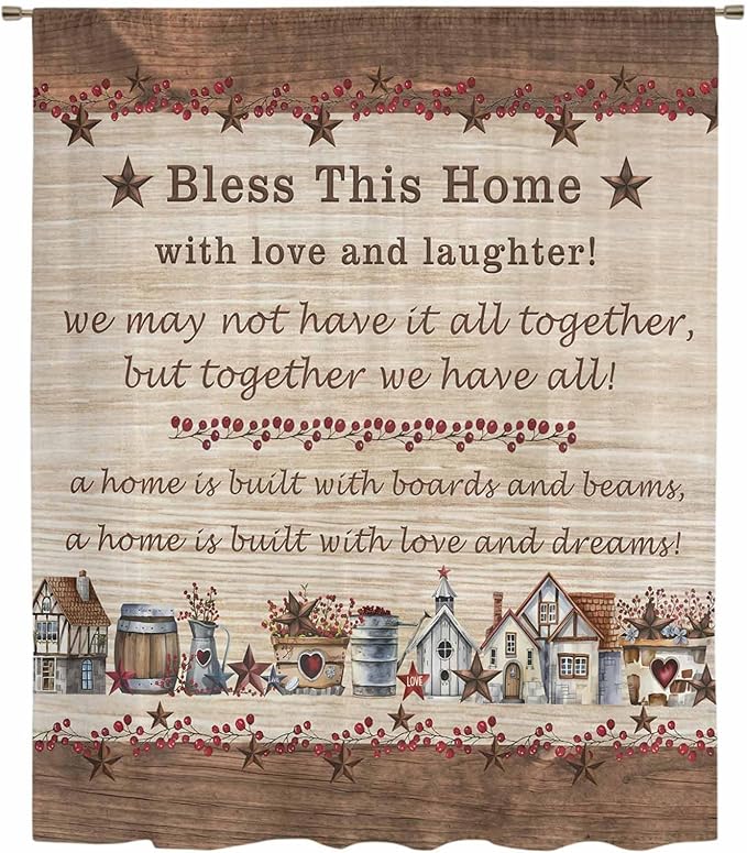 Farmhouse Sheer Curtains 84 Inch Length Brown Country Star Berry Vintage Wood Grain Chiffon Curtain for Bedroom Living Room Light Filtering Rod Pocket Window Treatments Voile Curtains Drapes