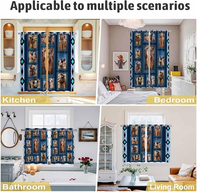 2 Panel Kitchen Cafe Curtains, Desert Camels Sunlight Filtering Nature Air Through, Home Decor Window Covering Tier Curtains for Bedroom Living Room Wildlife Brown Animals Blue Geometric