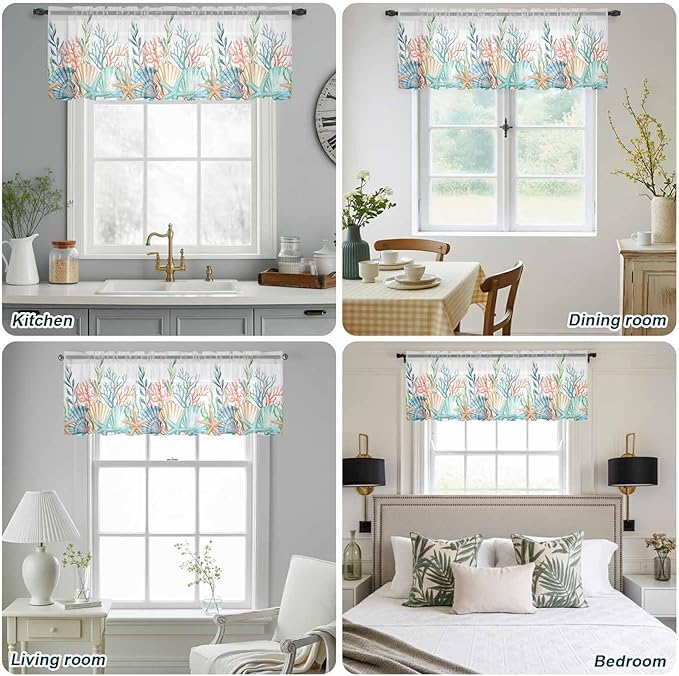 Summer Beach Sheer Valance Curtains, Ocean Colorful Coral Shell Seaweed Starfish Light Filtering Kitchen Valances Rod Pocket Voile Curtain Window Treatment for Bedroom/Living Room/Basement 42Wx12L