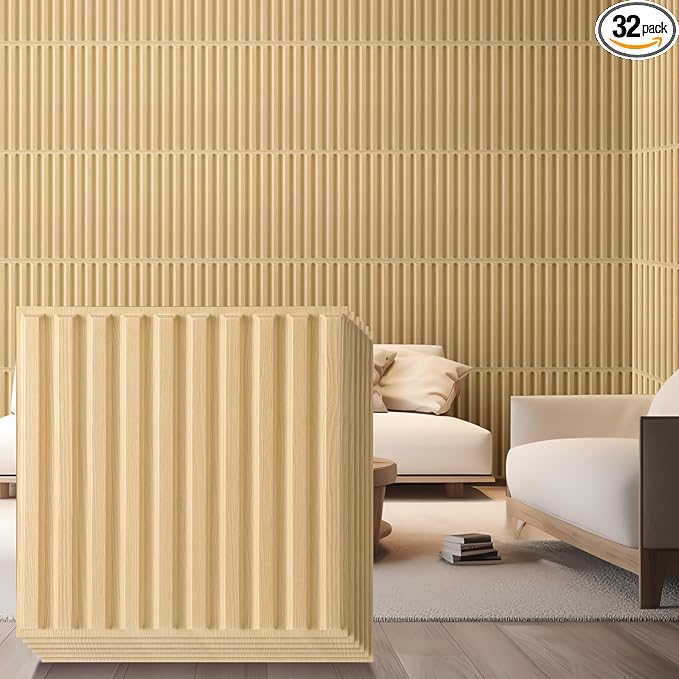 Nuanchu 32 Pcs 3D Slat Wall Panels 12 x 12 Inch PVC Fluted Textured Panel Cuttable Paintable DIY Wall Art Decorative Tiles for Ceiling Studio Bathroom Interior TV Background (Oak)
