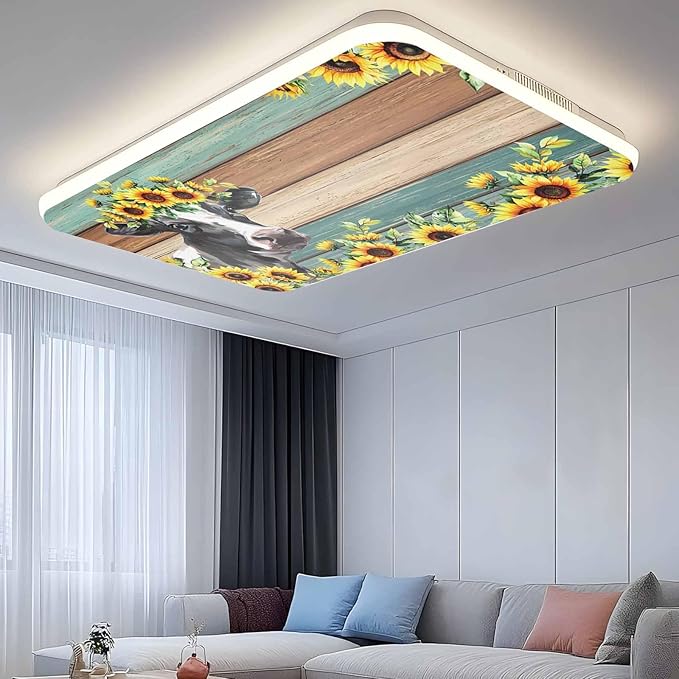 Fluorescent Light Covers Farm Cow Sunflower Magnetic Light Filters Vintage Blue Green Wood Grain Ceiling Light Covers for Classroom Office Home Drop Ceiling Lamp Decor 2 Pieces