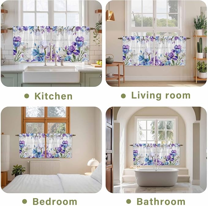 Spring Flowers Tier Curtains, Watercolor Garden Florals Wooden Grain Light Filtering Kitchen Curtains, 2Pcs Rod Pocket Half Window Treatments Panels for Sink Cafe Cabinet Camper 27.5x24 Inches