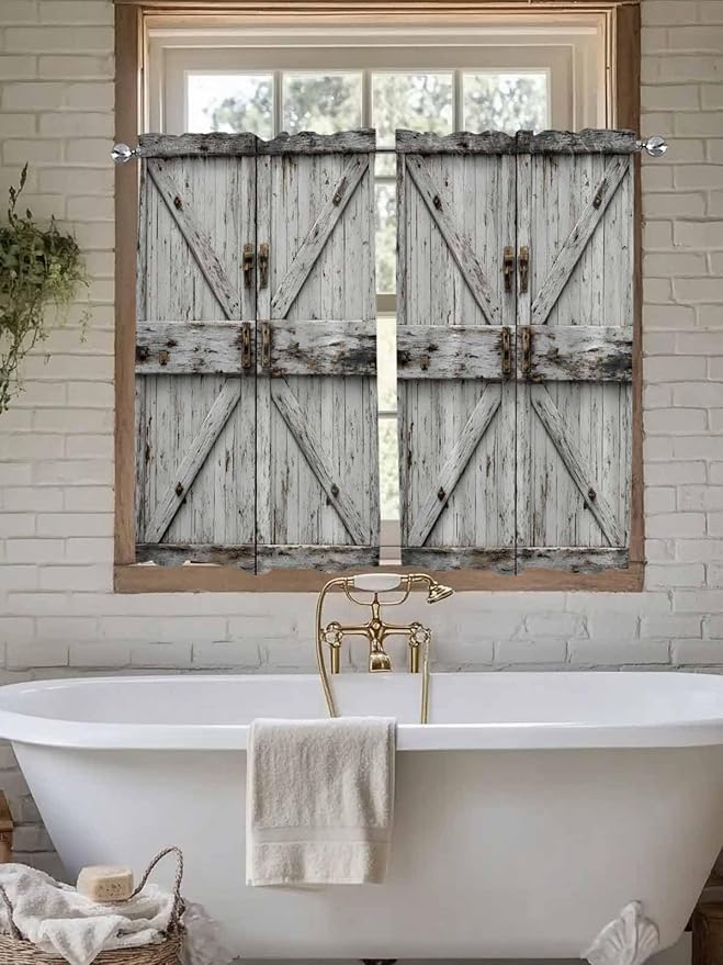 Vintage Gate Tier Curtains 45 Inches Long, Farmhouse Wooden Grain Shabby Chic Door Window Treatment Curtain Drapes, Window Half Privacy Curtains for Bedroom Bathroom, 42"x45", 2 Panels