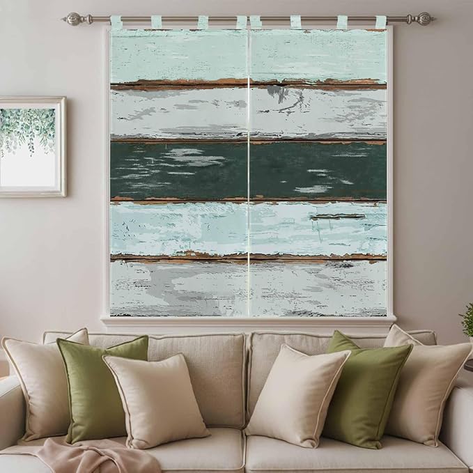 Blue Teal Bedroom Curtains 72 Inch Length, Window Curtains Tab Top, Vintage Wooden Retro Art Farmhouse Barns Light Filtering Window Treatments Drapes 52"x72" 2 Panel