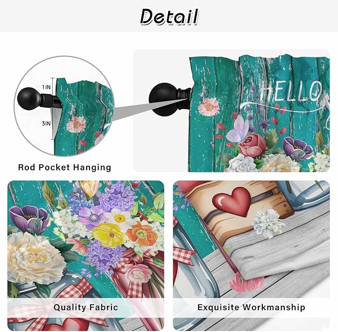 Spring Flowers Kitchen Curtains, Farmhouse Watercolor Teal Wood Grain Light Filtering Window Curtain Panels, 2Pcs Rod Pocket Window Treatments Set for Cabin Bathroom Bedroom 52x45 Inches