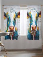 Sheer Curtains 63 Inch Length, Rustic Cow Semi Sheer Curtains Light Filtering Window Treatment, Vintage Colorful Animals Art Wooden Grain Privacy Voile Drapes for Living Room Bedroom 52x63 Inch
