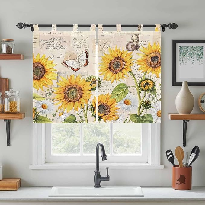 Yellow Sunflowers Bedroom Curtains 63 Inch Length, Window Curtains Tab Top, Country Farm Butterfly Flower Light Beige Light Filtering Window Treatments Drapes 42"x63" 2 Panel
