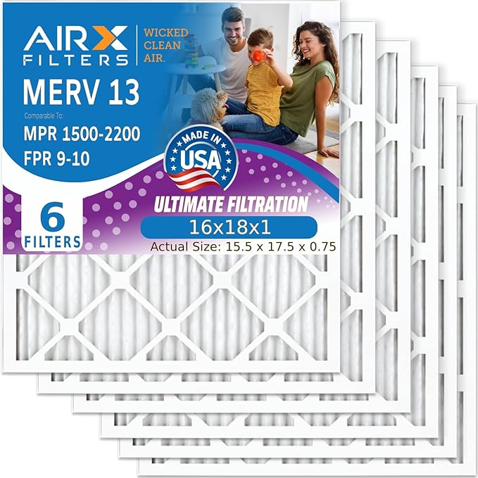 AIRX FILTERS WICKED CLEAN AIR 16x18x1 MERV 13 Electrostatic Pleated Air Conditioner Filter 6 Pack HVAC AC Furnace Filters