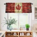 Kitchen Curtains Tiers and Valance Set of 3, Canada Light Filtering Window Curtain Set, Red Maple Leaf Flag Farmhouse Shabby Wooden Grain Rod Pocket Curtain Drapes for Living Room, 36 Inches Tiers