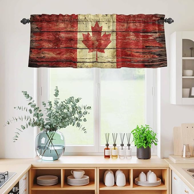 Kitchen Curtains Tiers and Valance Set of 3, Canada Light Filtering Window Curtain Set, Red Maple Leaf Flag Farmhouse Shabby Wooden Grain Rod Pocket Curtain Drapes for Living Room, 24 Inches Tiers