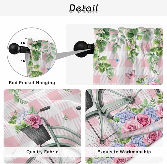 Spring Kitchen Curtains, Bicycles Leaves Butterfly Flowers Pink Buffalo Plaid Light Filtering Window Curtain Panels, 2Pcs Rod Pocket Window Treatments Set for Living Room Bathroom Bedroom 42x63 Inches