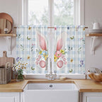 Easter Kitchen Tier Curtains 45 Inch Long 2 Panel Set,Rod Pocket Short Window Treatment,Spring Rabbits Ears Feet Floral Blue Lattice Light Filtering Curtains & Drapes for Bathroom 27.5"W x 45"L