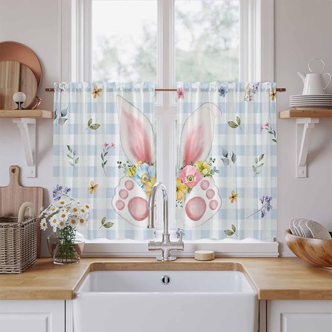 Easter Kitchen Tier Curtains 45 Inch Long 2 Panel Set,Rod Pocket Short Window Treatment,Spring Rabbits Ears Feet Floral Blue Lattice Light Filtering Curtains & Drapes for Bathroom 27.5"W x 45"L