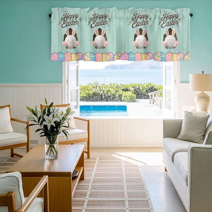 Green Easter Curtain Valances for Windows, Kitchen Valance Window Treatment, Spring Cartoon Bunny Colorful Eggs Wood Grain Light Filtering Block Curtains for Bathroom/Bedroom/Living Room 60'' x 18''