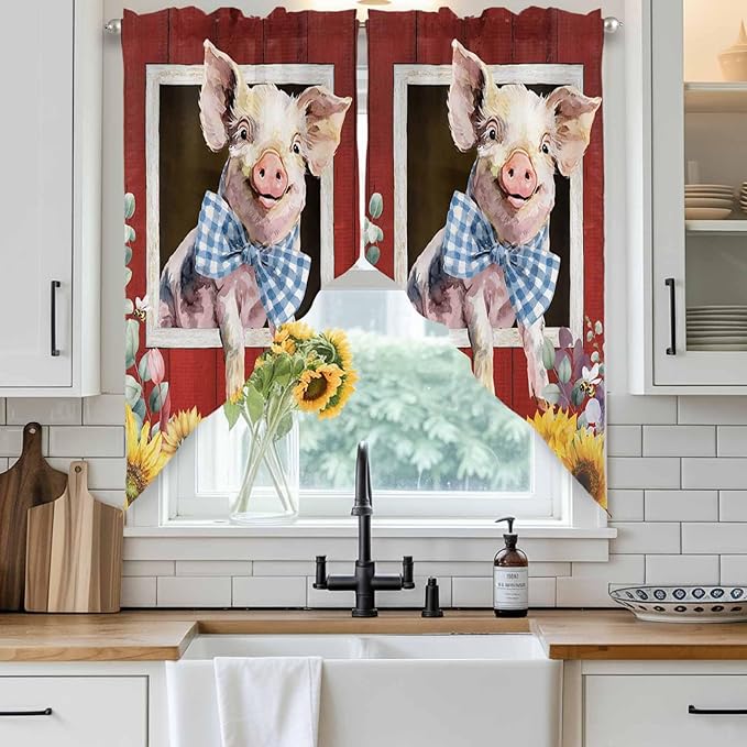 Pig Sunflowers Swag Valances for Windows, Eucalyptus Leaves Floral Bees Red Barn Rod Pocket Kitchen Curtains Valance, Kitchen Window Curtains Swag for Cafe Bathroom Living Room, 2 Panels, 36x63 inch