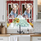 Pig Sunflowers Swag Valances for Windows, Eucalyptus Leaves Floral Bees Red Barn Rod Pocket Kitchen Curtains Valance, Kitchen Window Curtains Swag for Cafe Bathroom Living Room, 2 Panels, 36x63 inch