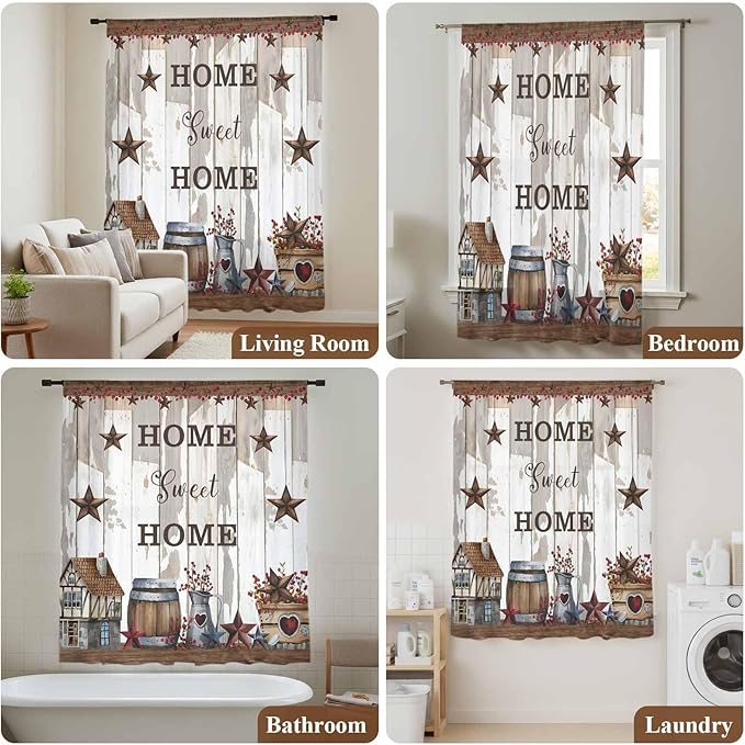 Farmhouse Sheer Curtains 63 Inch Length Retro Country Star Berry Vintage Wood Grain Chiffon Curtain for Bedroom Living Room Light Filtering Rod Pocket Window Treatments Voile Curtains Drapes