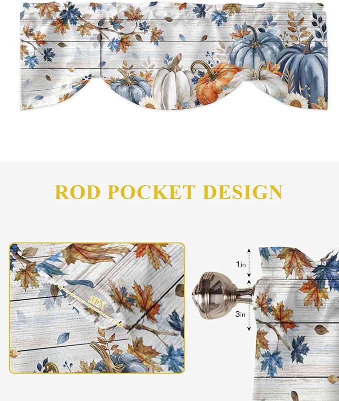 Thanksgiving Pumpkin Tie Up Valance Curtains for Windows, Kitchen Curtains Window Shades, Fall Maple Leaf Daisy Wooden Grain Light Filter Roman Curtain Valances for Bedroom/Bathroom/Cafe 54'' x 18''