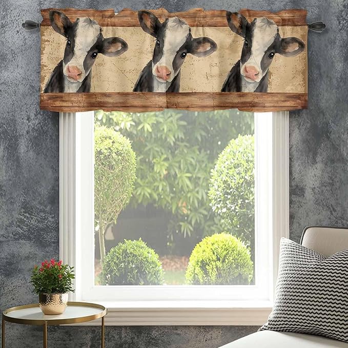 Farmhouse Cow Curtain Valances for Windows, Kitchen Valance Window Treatment, Country Vintage Animals Wooden Grain Light Filtering Block Curtains for Bathroom/Bedroom/Living Room 42'' x 18''