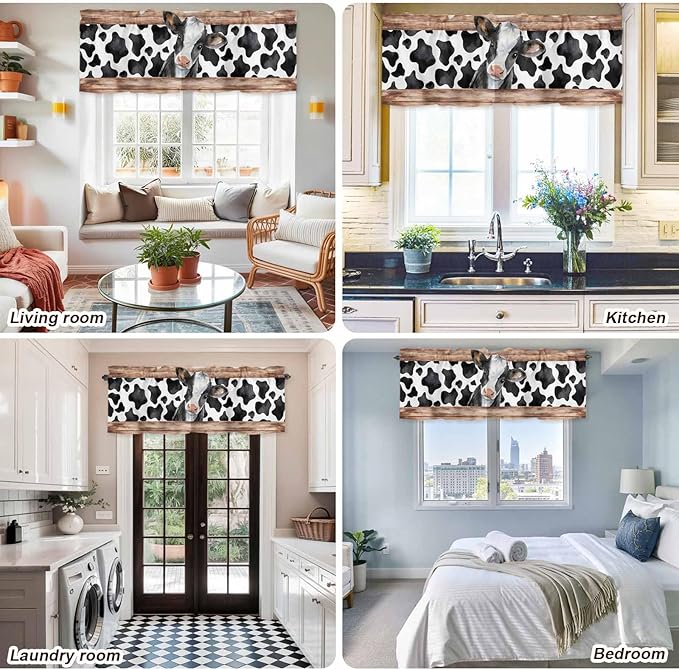 Cow Printed Curtain Valances for Windows, Kitchen Valance Window Treatment, Farmhouse Watercolor Country Wooden Grain Light Filtering Block Curtains for Bathroom/Bedroom/Living Room 42'' x 12''