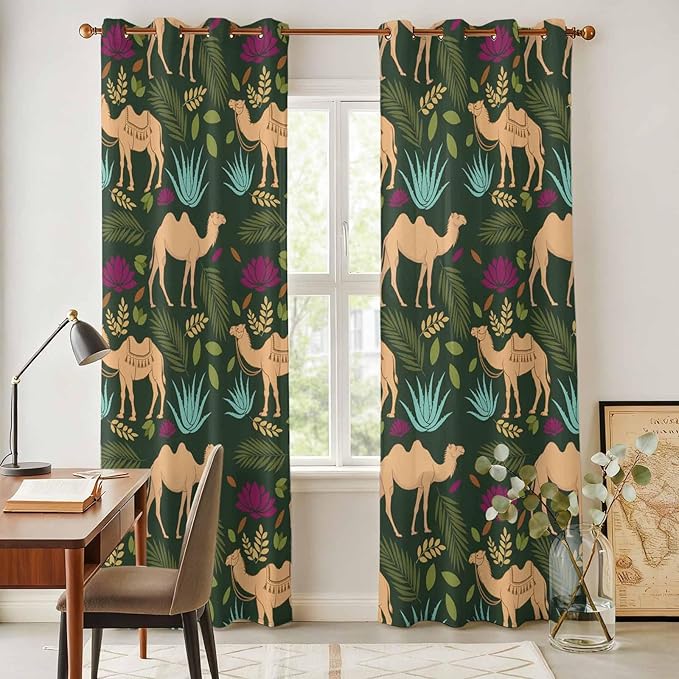 2 Panel Kitchen Cafe Curtains, Retro Desert Camel Sunlight Filtering Nature Air Through, Window Decor Tier Curtains for Living Room 104W x 90L inch Tropical Animal Aloe Vera Leaves Dark Green