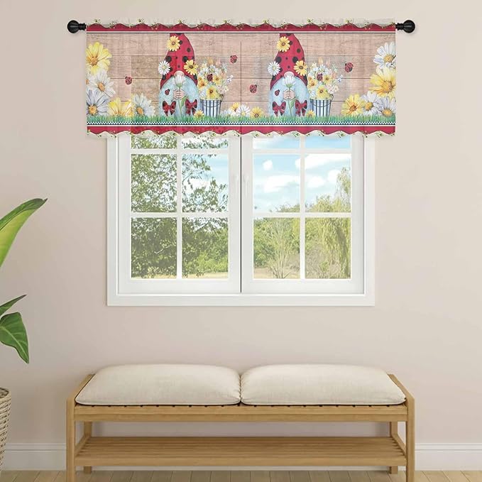 Ladybug Gnome Sheer Valance Curtains, Country Summer Rustic White Yellow Daisy Floral Wood Grain Light Filtering Kitchen Valances Rod Pocket Voile Curtain for Bedroom/Living Room/Basement 54Wx18L