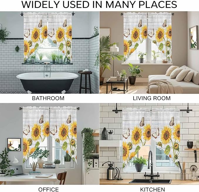 Yellow Sunflowers Swag Valances for Windows, Vintage Country Flowers Butterfly Wood Board Rod Pocket Kitchen Curtains Valance, Kitchen Window Curtains Swag for Cafe Living Room, 2 Panels, 36x45 inch