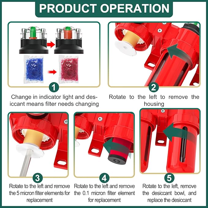 Industrial Grade Three-Stage Air Drying System, 0-150 PSI, 1/2 Inch NPT, Aluminum Alloy, with Particulate Filter, Coalescing Filter, Desiccant Dryer, and Air Regulator (Manual Drainage)
